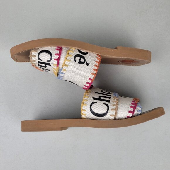 Chloe Woody Sandals Slides Flats Logo Multicolor Stitch Size 38 US size 8 - Picture 3 of 14